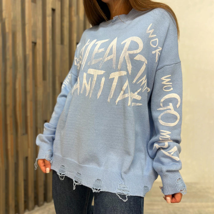 Damen Oversized Sweatshirt mit kreativem Schriftzug und modischen Rissdetails Drune
