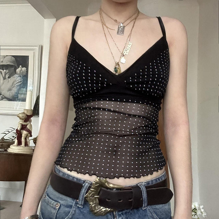 Damen Verspieltes Spaghetti-Trägertop mit transparenten Akzenten und Punkten Drune