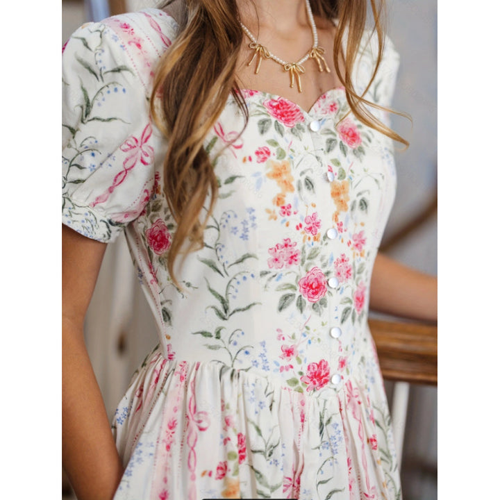 Damen Maxikleid mit floralem Design und langen Puffärmeln Drune