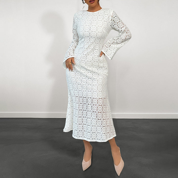 Damen Spitzenkleid mit elegantem V-Ausschnitt und voluminösen Ärmeln Drune