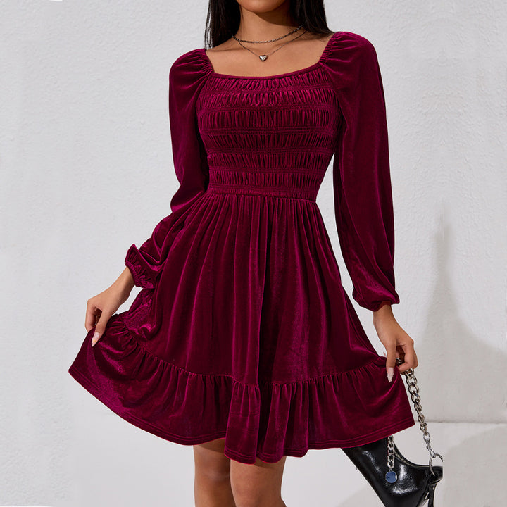 Damen Samt Minikleid mit Rüschendetails und elastischem Bund Drune