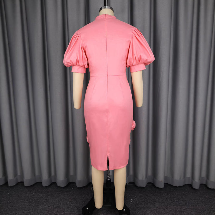 Damen Elegantes Kleid mit voluminösen Puffärmeln und floralem Akzent Drune