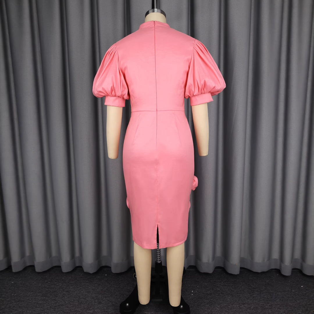 Damen elegantes Cocktailkleid mit Puffärmeln und Blumendetails Drune