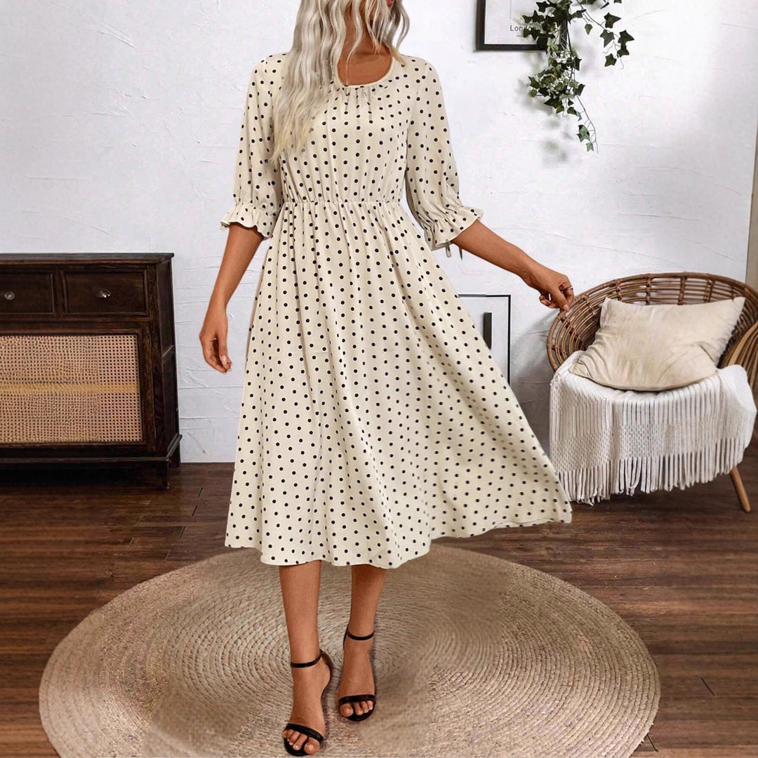 Damen Midikleid mit dekorativen Puffärmeln und elastischem Taillenbund Drune