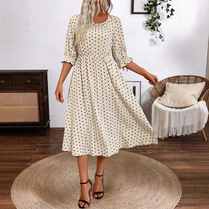 Damen Midikleid mit dekorativen Puffärmeln und elastischem Taillenbund Drune