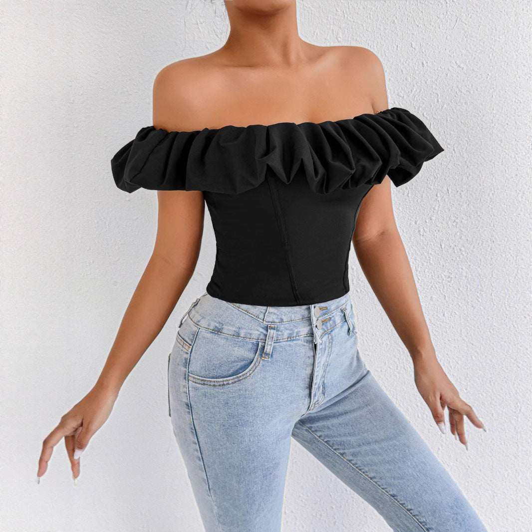 Damen Off-Shoulder Rüschenshirt mit tailliertem Schnitt Drune