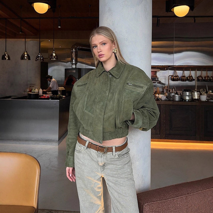 Damen modische Suede-Bomberjacke mit voluminösen Ärmeln Drune