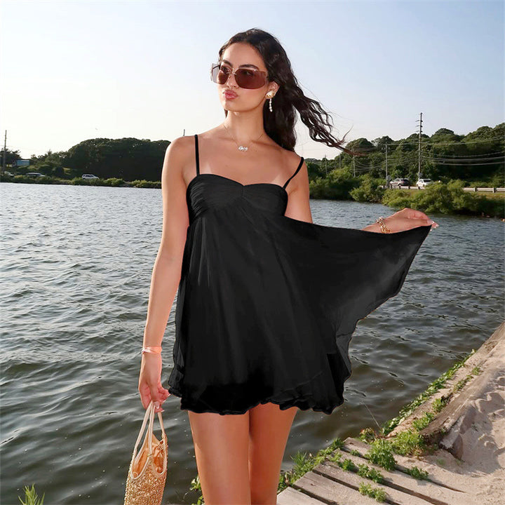 Damen Sommerliches Minikleid mit zarten Spaghettiträgern und schwingendem Rock Drune
