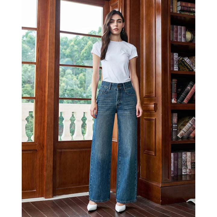Damen Weit geschnittene Jeans mit hohem Bund und klassischem Denim-Look Drune