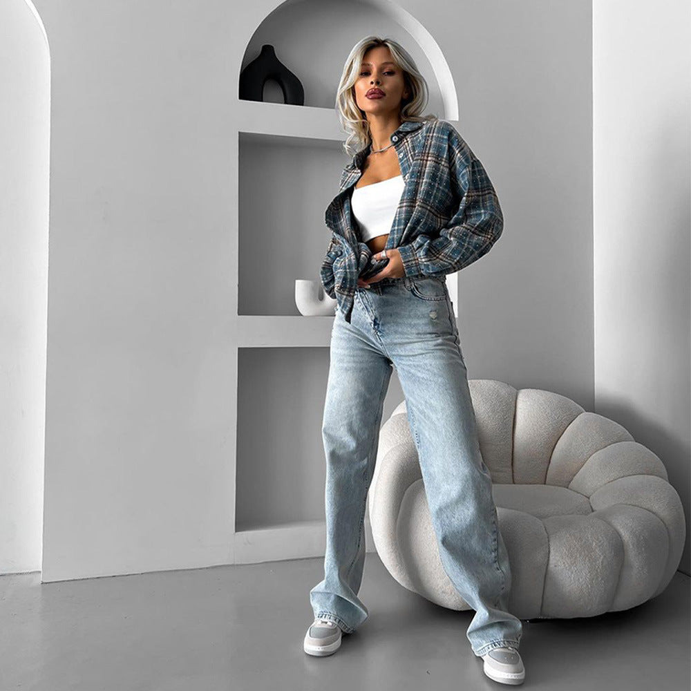 Damen lässige Flanell-Hemdjacke mit oversized Schnitt und Karomuster Drune