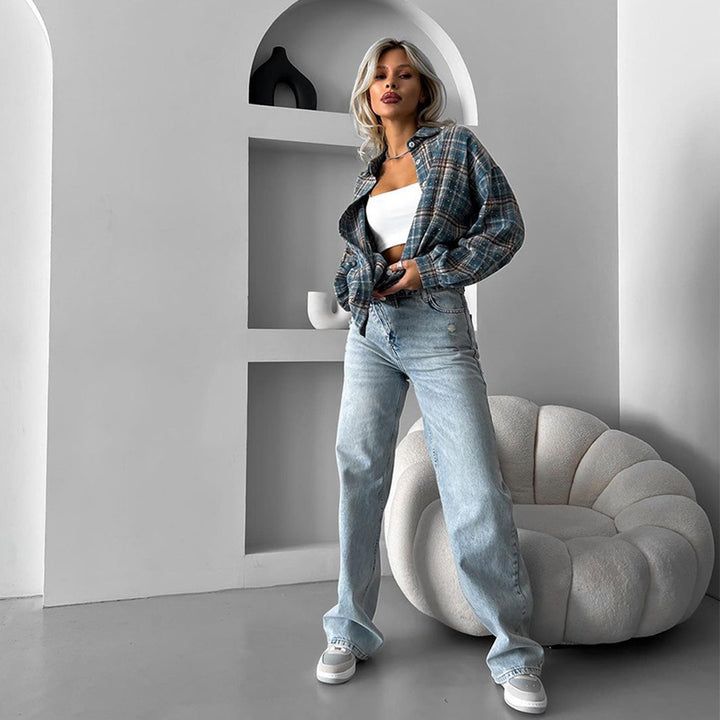 Damen lässige Flanell-Hemdjacke mit oversized Schnitt und Karomuster Drune