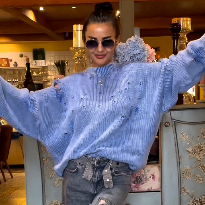 Damen lässiger Pullover mit modischem Rissdesign und voluminösen Ärmeln Drune