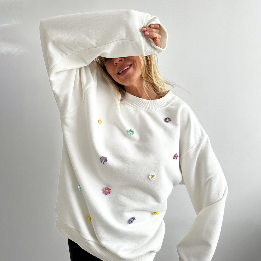 Damen bequemer Sweatshirt mit farbenfrohen Blumenapplikationen Drune