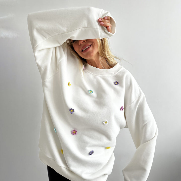 Damen bequemer Sweatshirt mit farbenfrohen Blumenapplikationen Drune