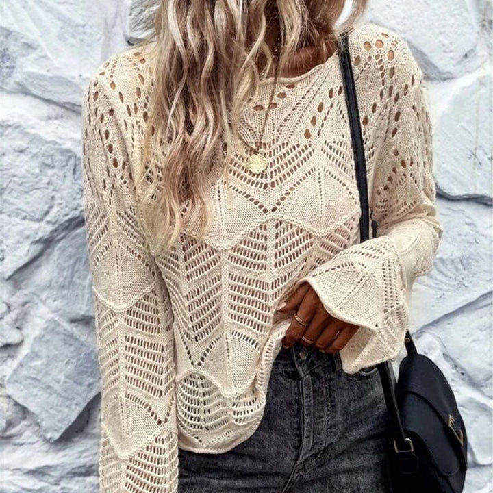 Damen Strickpullover mit filigranem Lochmuster und weitem Ärmel Drune