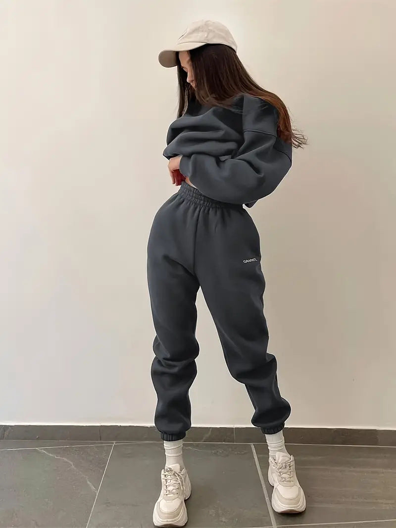 Damen nan Oversized kurz geschnittenes Sweatshirt mit High Waist Fleece Jogginghose Set Drune