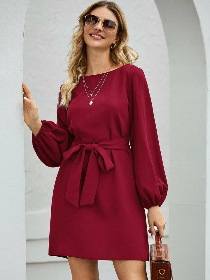 Damen Elegantes Kleid mit Ballonärmeln und Taillengürtel Drune