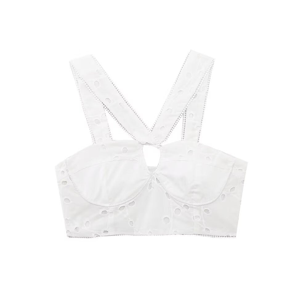 Damen Brokat-Crop-Top mit elegantem Ausschnitt und verzierten Trägern Drune