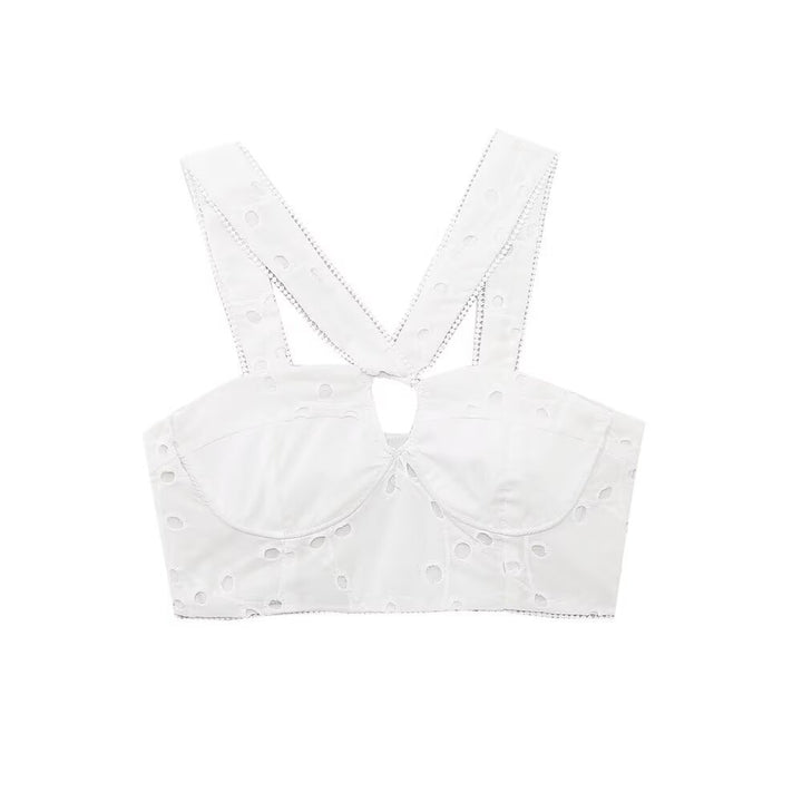 Damen Brokat-Crop-Top mit elegantem Ausschnitt und verzierten Trägern Drune