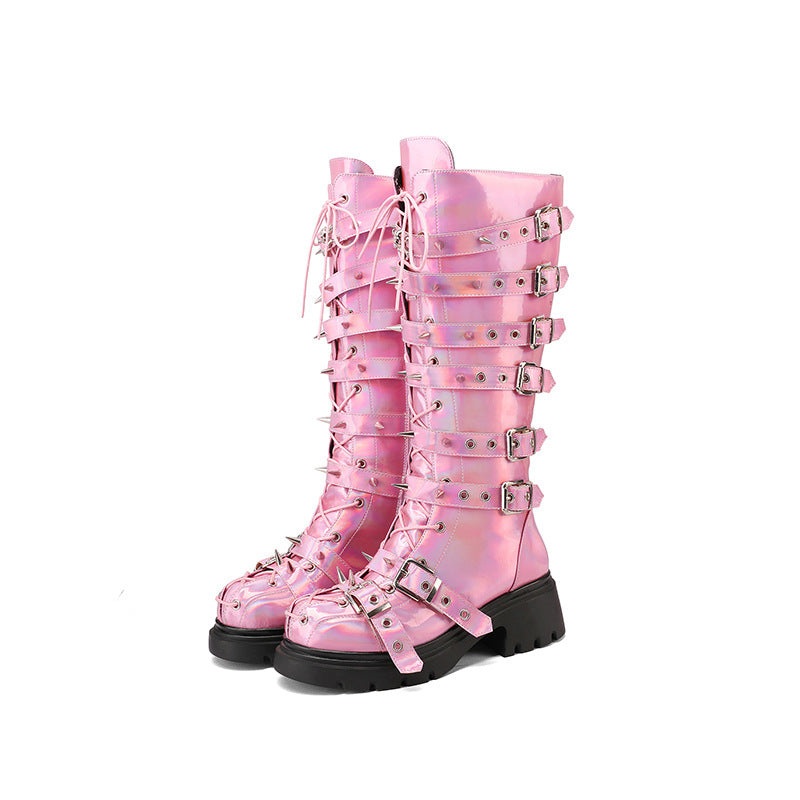 Damen von Punk inspirierte Schnür-Combat-Stiefel mit Spitzenriemen-Details Drune