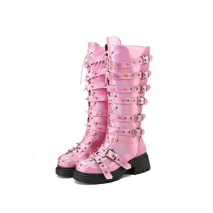 Damen von Punk inspirierte Schnür-Combat-Stiefel mit Spitzenriemen-Details Drune