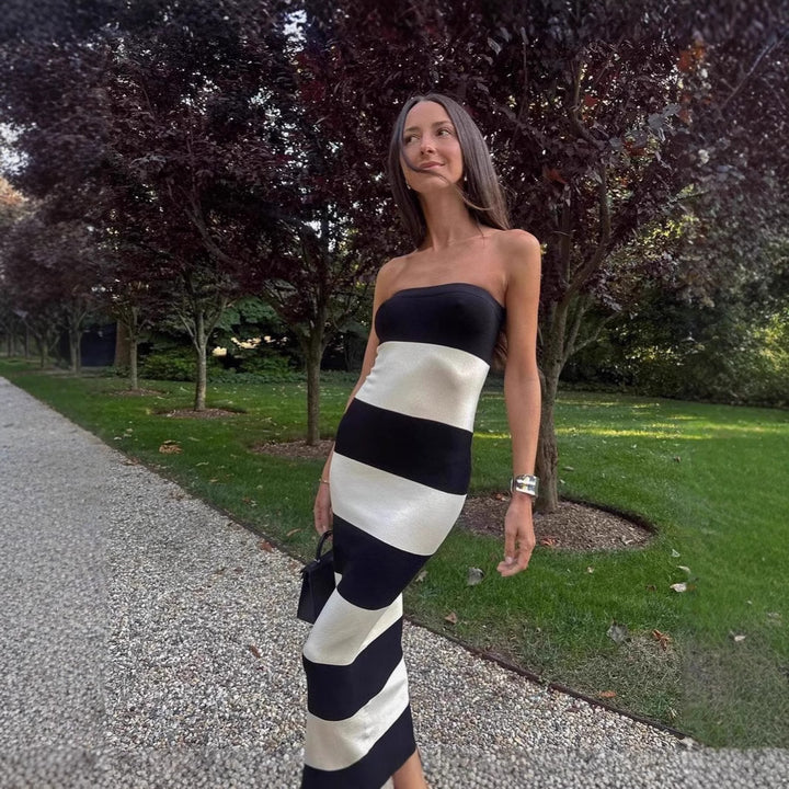 Damen schickes Bandeau-Maxikleid mit grafischem Streifenmuster und figurbetontem Schnitt Drune