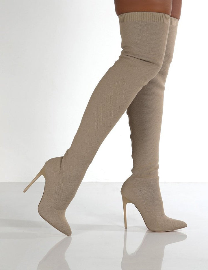 Damen Overknee Stiefel mit elegantem Absatz und hochwertiger Strickstruktur Drune