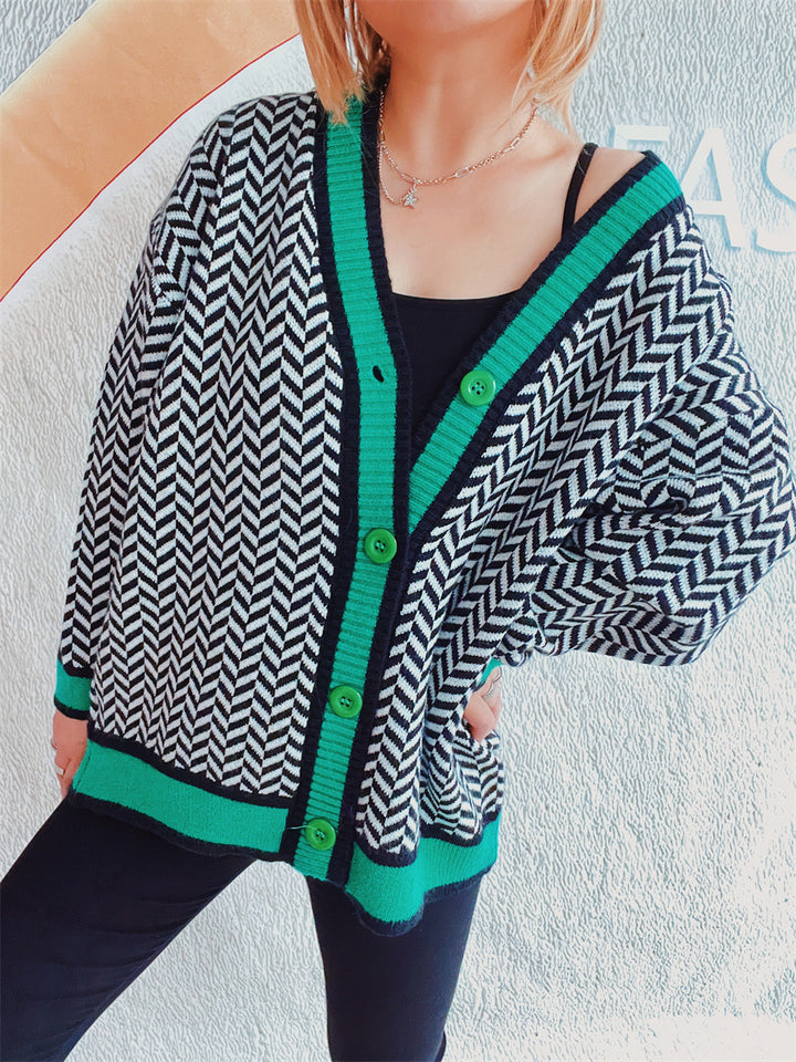 Damen Übergroße Strickjacke mit auffälligem Zickzackmuster und bunten Knöpfen Drune