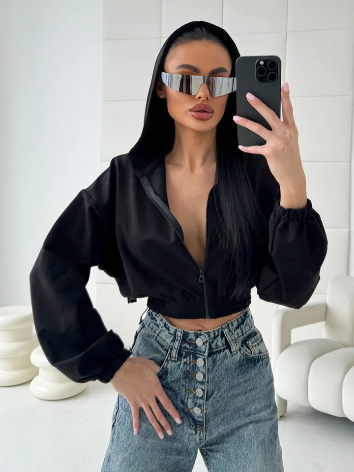 Damen cropped Sweatjacke mit elastischen Bündchen und modischem Reißverschluss Drune
