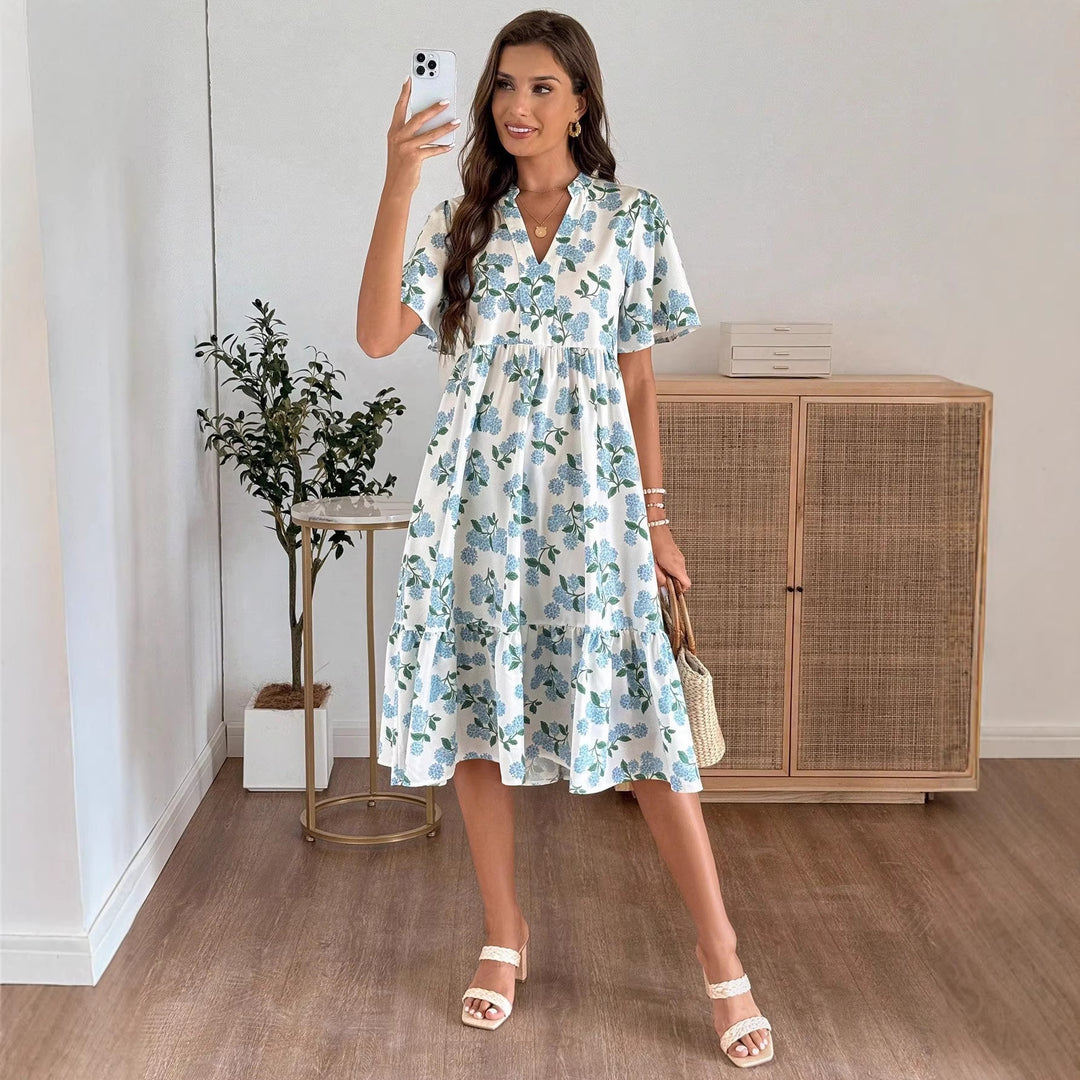Damen Midikleid mit frischem Blumenmuster und voluminösem Rock Drune