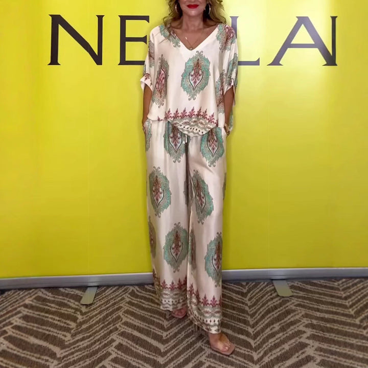 Damen nan zweiteiliges Satin-Lounge-Set mit V-Ausschnitt, lockerer Kimono-Ärmel und weiter Palazzo-Hose im Paisley-Medaillonprint Drune
