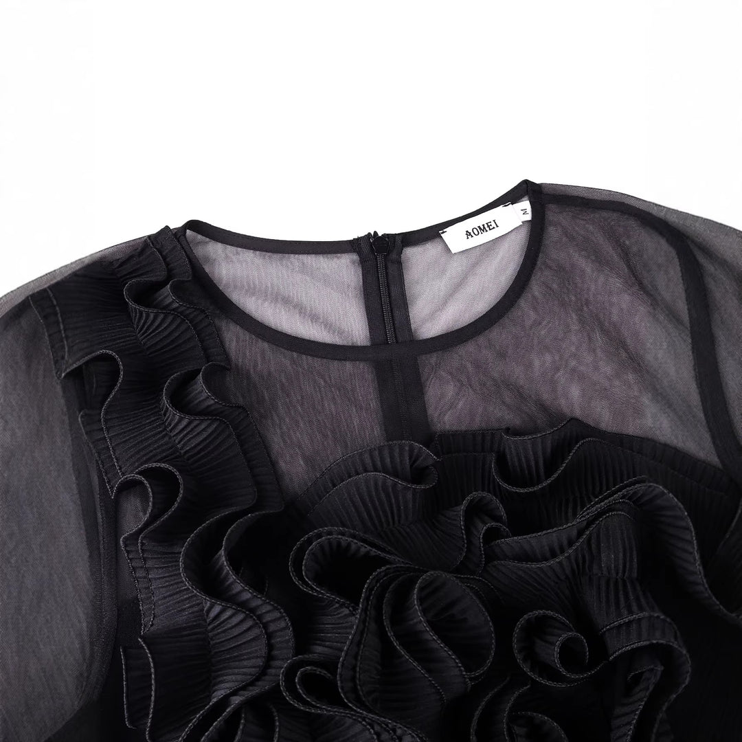 Damen figurbetontes Kleid mit voluminösen Rüschen und Fransen Drune