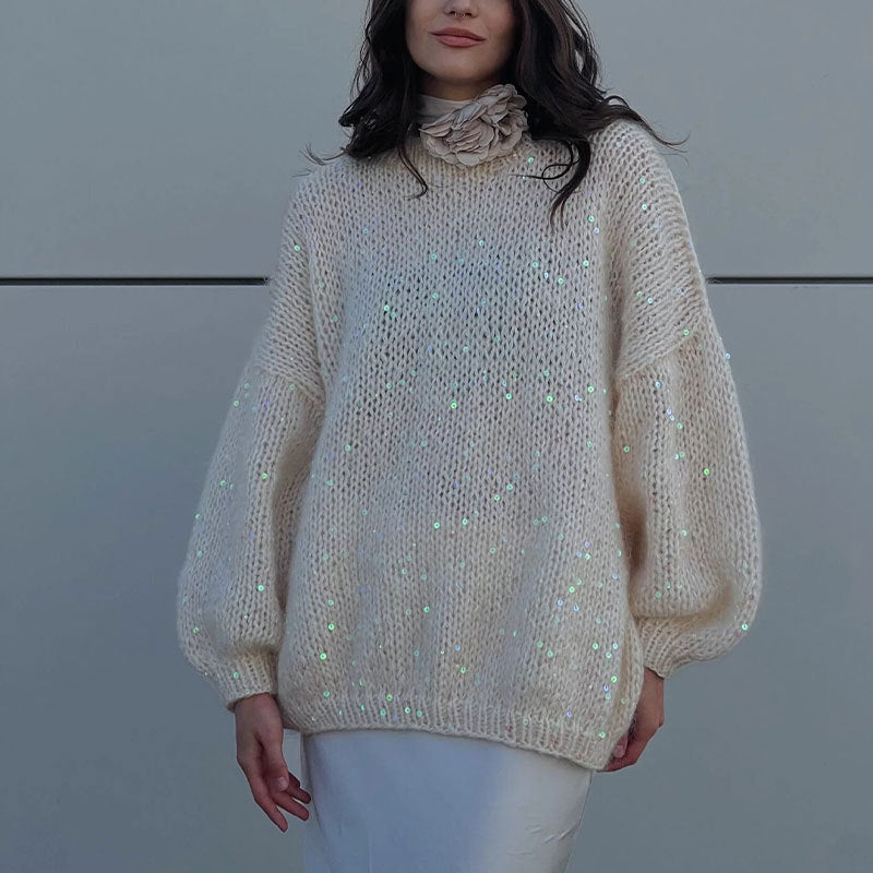 Damen Glitzernder Strickpullover mit Puffärmeln Drune