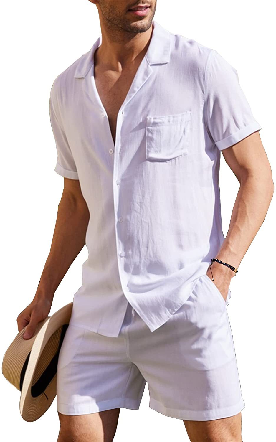 Herren nan zweiteiliges Sommer-Freizeitensemble mit offenem Revershemd und elastischer Kurzhose Drune