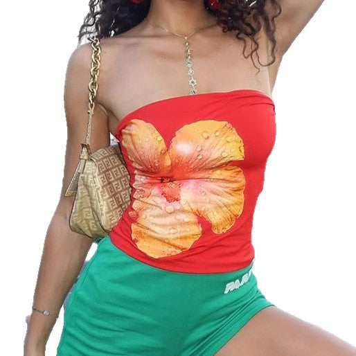 Damen Bandeau-Top mit stilvollem Blumendruck und elastischem Bund Drune