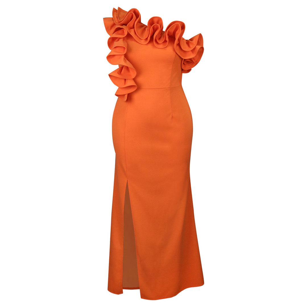 Damen Elegantes Maxikleid mit asymmetrischen Rüschen und Schlitz Drune