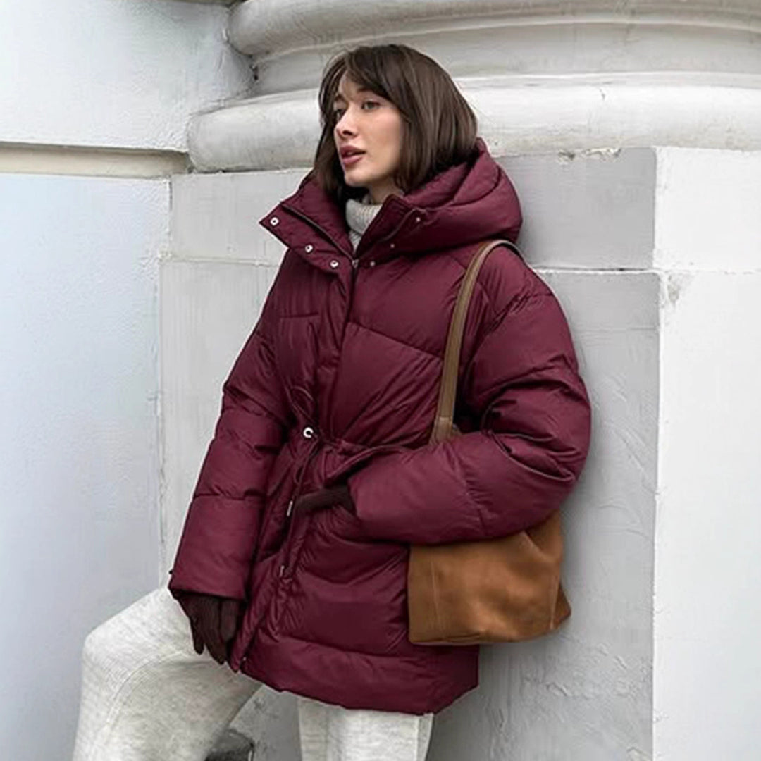 Damen gefütterte Daunenjacke mit taillierbarem Gürtel und hohem Kragen Drune