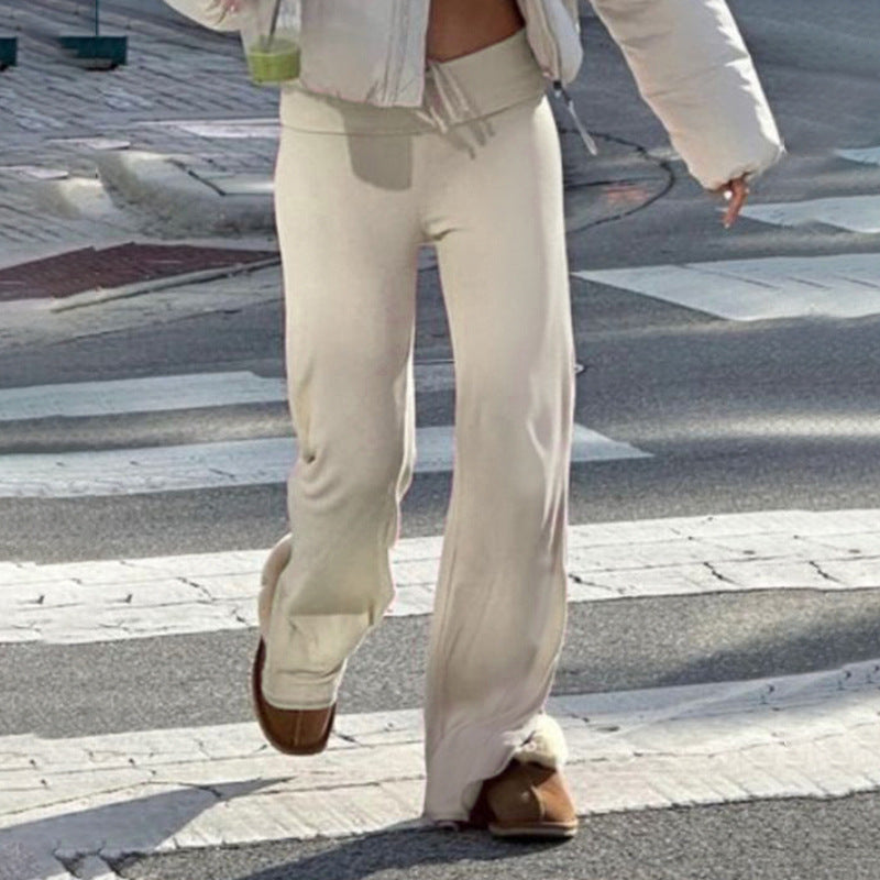 Damen nan weiche Highwaist-Loungehose aus Baumwollmix mit elastischem Komfortbund, Bindekordel und geradem Bein Drune