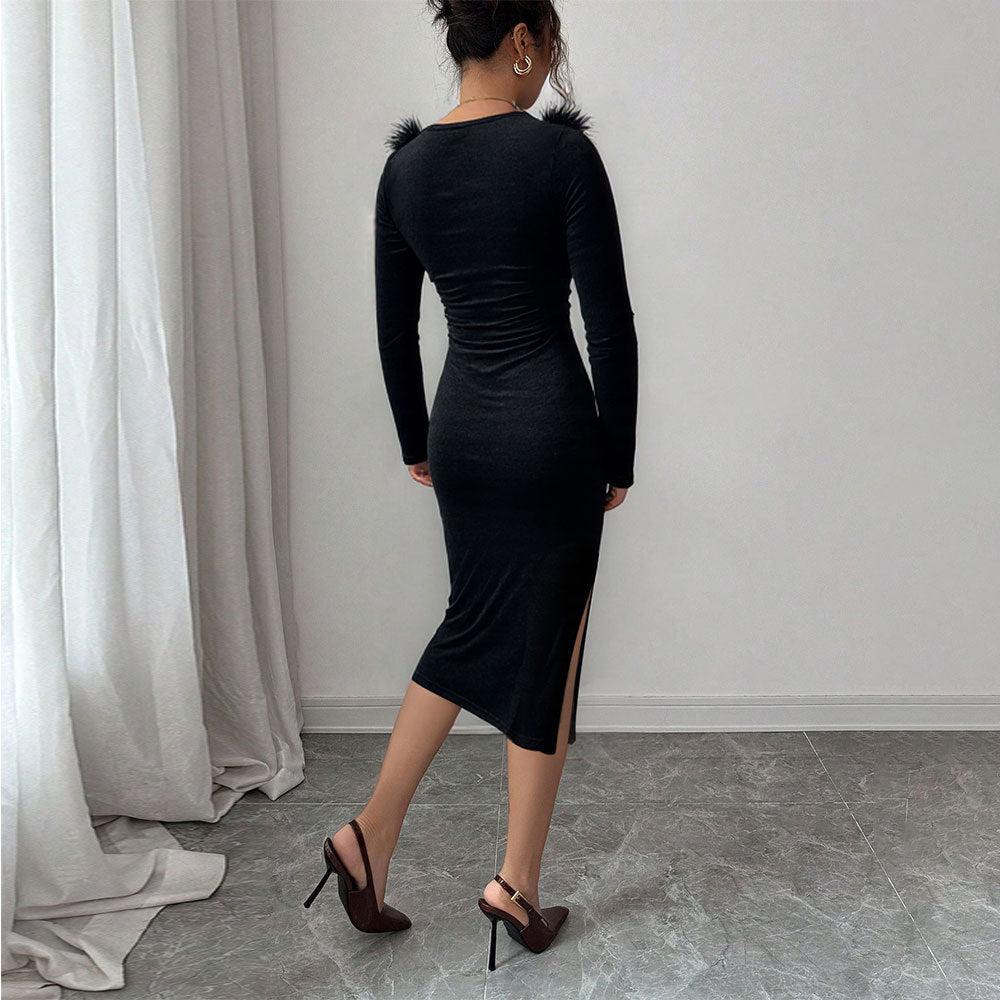Damen Midi-Kleid mit eleganter Federverzierung und seitlichem Schlitz Drune