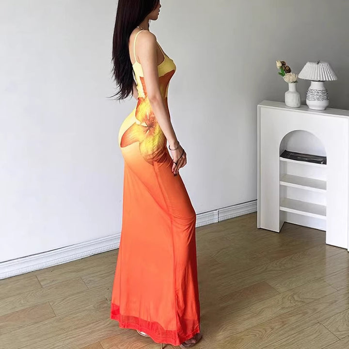 Damen figurbetontes Abendkleid mit Spaghettiträgern und Farbverlauf Drune