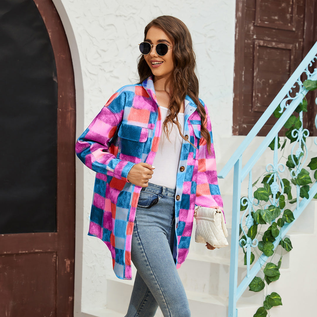 Damen Karierte Flanelljacke mit praktischen Taschen und oversize Schnitt Drune