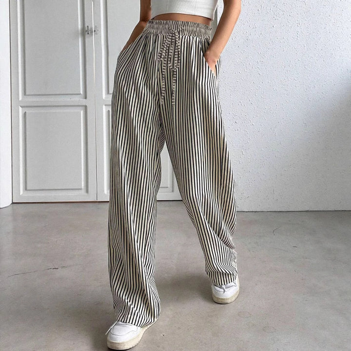 Damen weit geschnittene gestreifte Hose mit elastischem Bund und praktischen Taschen Drune