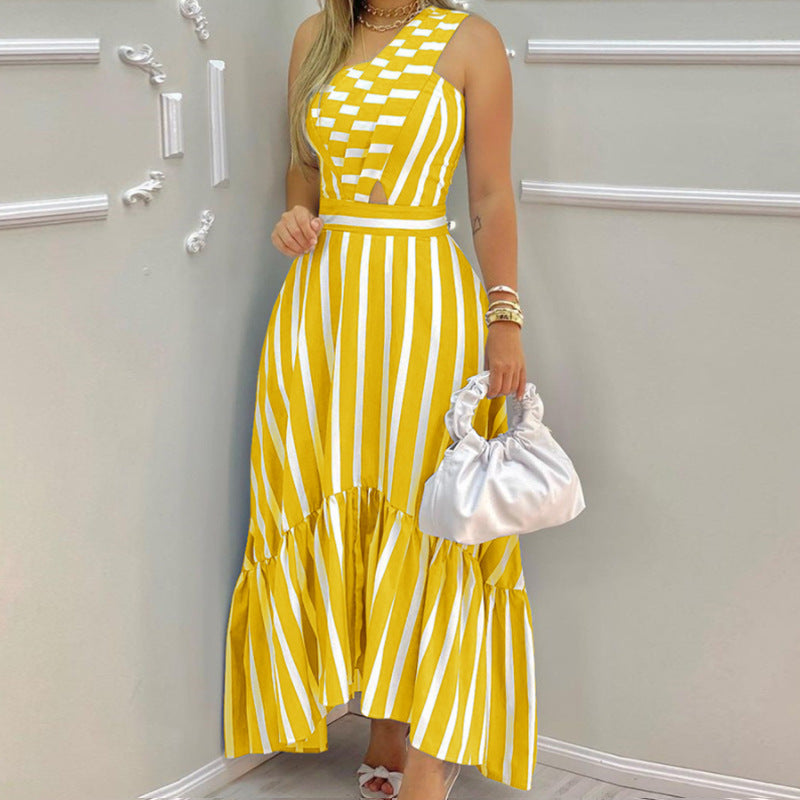 Damen Maxikleid mit asymmetrischem Saum und verspieltem Streifenmuster Drune