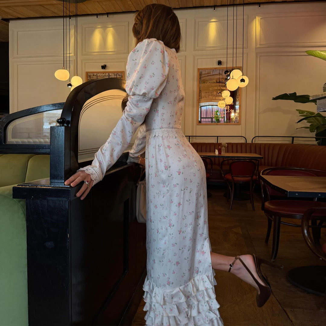 Damen Elegantes Maxikleid mit zarten Rüschenärmel und floralem Muster Drune