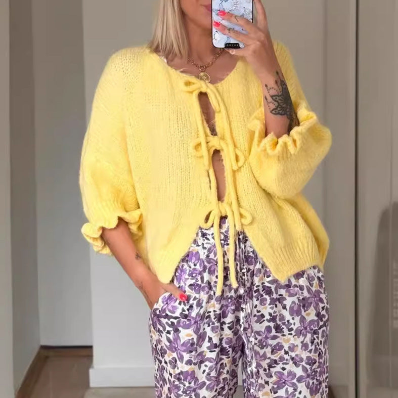 Damen trendiger Strickcardigan mit Raffungen und Bindebändern Drune