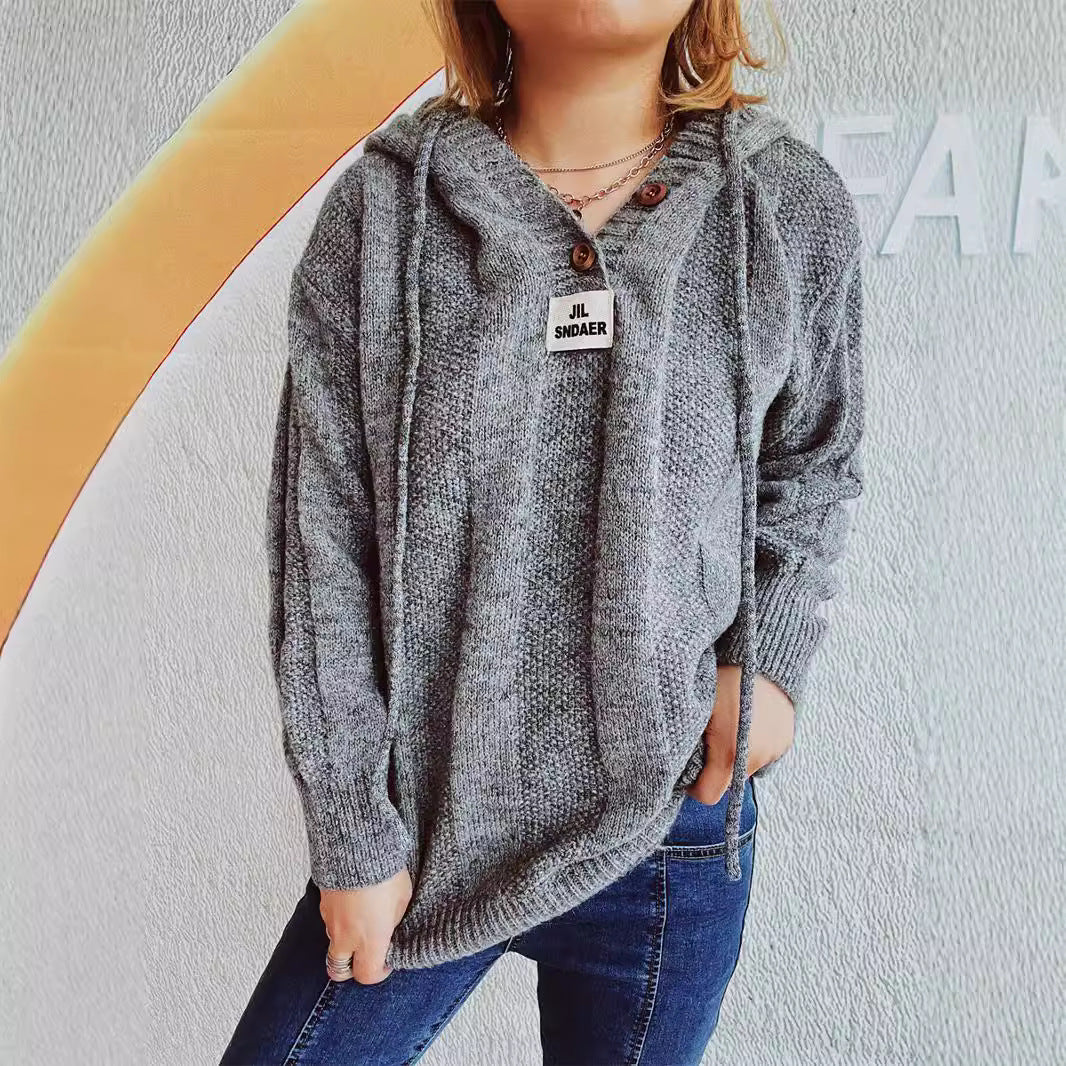 Damen lockerer Strickpullover mit Kapuze und dekorativen Knöpfen Drune