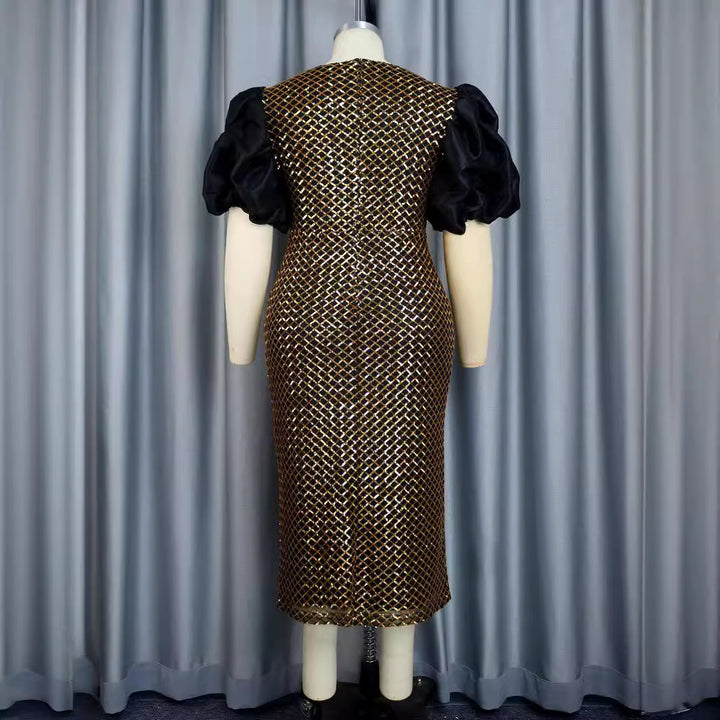 Damen Abendkleid mit strukturiertem Oberteil und voluminösen Puffärmeln Drune