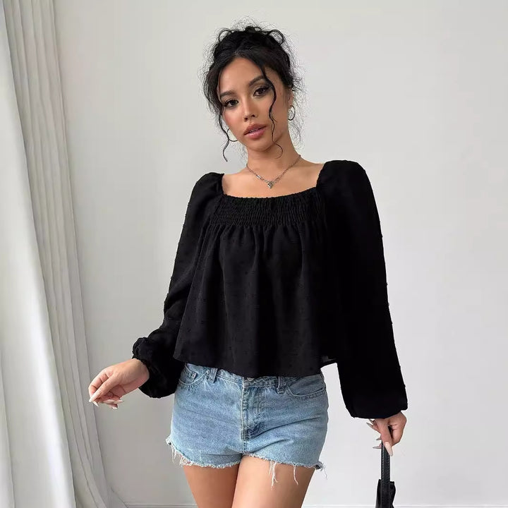 Damen elegante Bluse mit luftigen Puffärmeln und strukturierter Oberfläche Drune