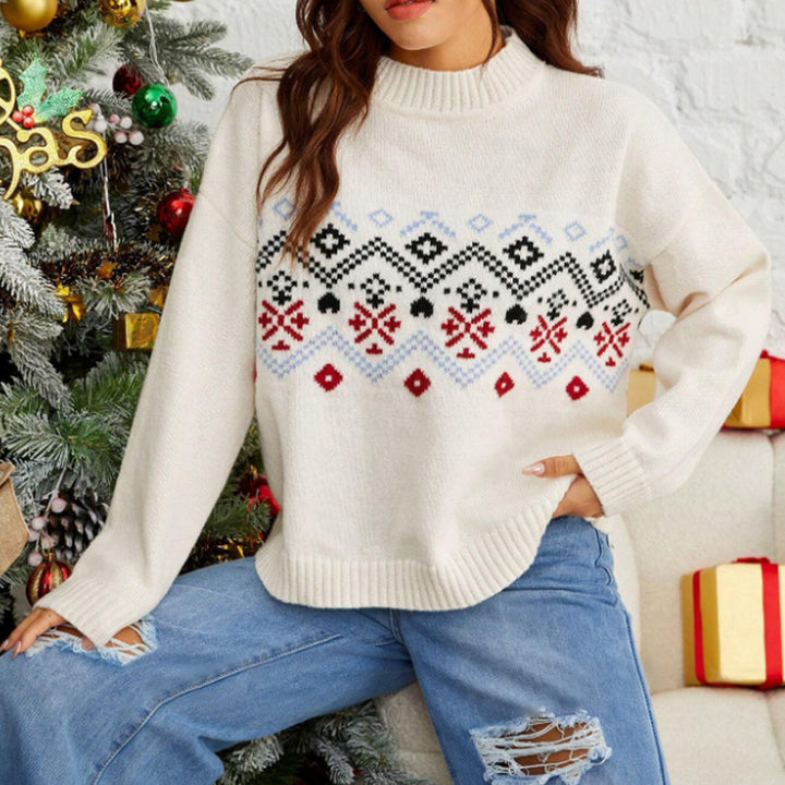 Damen Winterpullover mit festlichem Fair-Isle-Muster und hohem Kragen Drune