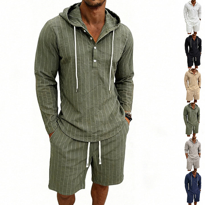 Herren nan gestreiftes Leinenoptik-Kapuzen-Henley-Set mit Tunnelzug-Shorts Drune